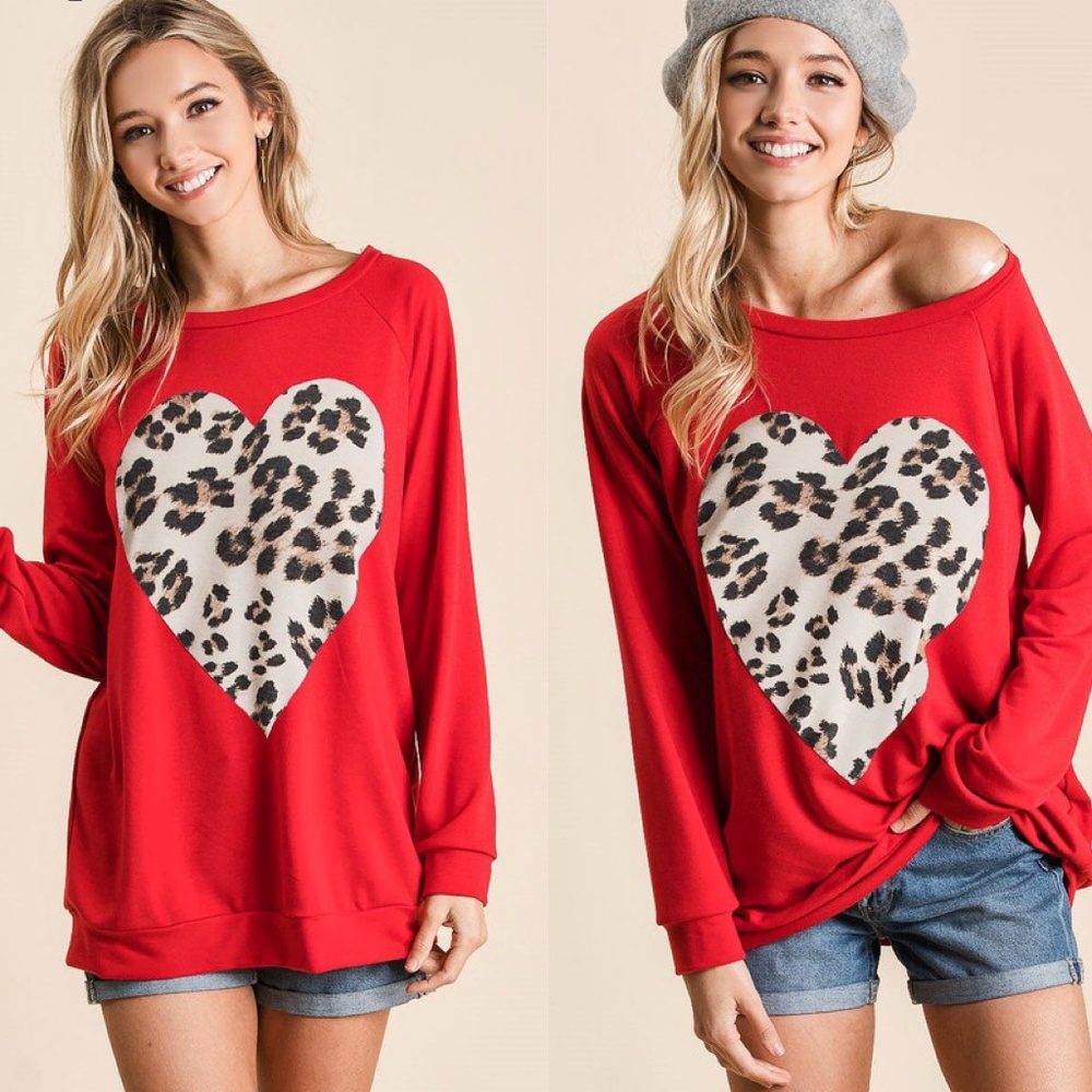 #54 Cozy Leopard Print Heart French Terry Sweater Top - Picture 2 of 3